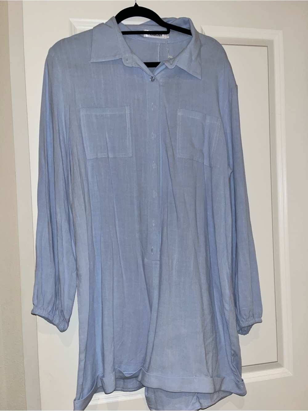 Women's Light Blue Collared Button-Front Jumpsuit Romper